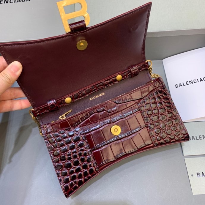 Balenciaga Small Hourglass Wallet With Chain Crocodile Embossed Shoulder Bag Claret